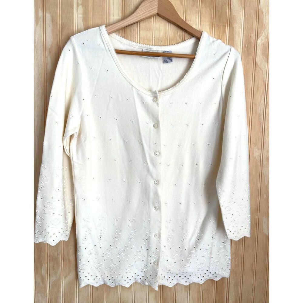 Basic Editions sweater cardigan VTG cottage embroidery butter yellow women S